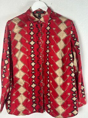 Lauren Ralph Lauren Womens Aztec Print Long Sleeve Button Up Oxford Shirt 2X Red